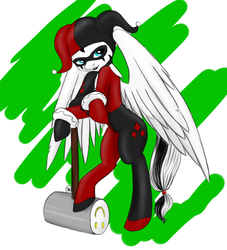 Size: 1000x1100 | Tagged: safe, artist:noodlefreak88, oc, oc only, oc:laura the zony, pony, batman, bipedal, cosplay, harley quinn, parody, sledgehammer, solo