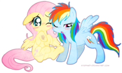 Size: 900x539 | Tagged: safe, artist:stepandy, fluttershy, rainbow dash, pegasus, pony, g4, blushing, duo, duo female, female, mare, shipping fuel, simple background, spread wings, transparent background, wings