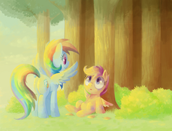 Size: 800x612 | Tagged: safe, artist:reuniclus, rainbow dash, scootaloo, pegasus, pony, g4, butt, female, filly, mare, plot, tree