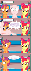 Size: 1290x2905 | Tagged: dead source, safe, apple bloom, scootaloo, pegasus, pony, unicorn, ask the crusaders, g4, ask, black eye, comic, earth pony sweetie belle, female, filly, foal, pegasus apple bloom, sweetie bald, unicorn scootaloo