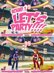 Size: 695x940 | Tagged: safe, artist:ss2sonic, spike, twilight sparkle, dragon, unicorn, anthro, unguligrade anthro, g4, awesome fighting game concept, breasts, busty twilight sparkle, fighting game