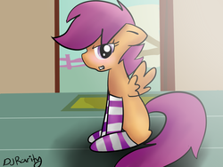 Size: 1600x1200 | Tagged: safe, artist:djrarity, scootaloo, pegasus, pony, g4, blank flank, clothes, female, filly, sitting, socks, solo, striped socks