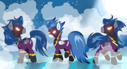 Size: 5208x2827 | Tagged: safe, artist:joemasterpencil, descent, nightshade, pegasus, pony, g4, clone, clothes, costume, female, fog, glowing eyes, goggles, male, mare, shadow surprise, shadowbolts, shadowbolts (nightmare moon's minions), shadowbolts uniform, stallion