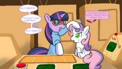 Size: 1280x720 | Tagged: safe, artist:zanezandell, sweetie belle, twilight sparkle, pony, robot, unicorn, g4, comic, evil genius twilight, female, filly, foal, goggles, hooves, horn, open mouth, petting, sitting, speech bubble, sweetie bot