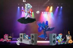 Size: 850x554 | Tagged: safe, artist:wingdune41, cloudchaser, dj pon-3, octavia melody, pinkie pie, princess luna, rainbow dash, rarity, vinyl scratch, g4, cello, drums, flying v, guitar, lighting, microphone, musical instrument, stage, turntable