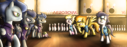 Size: 2048x768 | Tagged: safe, artist:fongsaunder, descent, nightshade, soarin', spitfire, surprise, bowling, bowling ball, bowling pin, clothes, costume, goggles, grin, shadowbolts, shadowbolts costume, smiling, wide eyes, wonderbolts