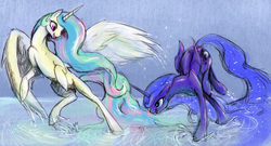 Size: 2000x1080 | Tagged: safe, artist:silfoe, princess celestia, princess luna, alicorn, pony, g4, beach, duo, duo female, female, mare, sisters