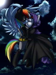 Size: 1400x1866 | Tagged: safe, artist:cat-cly, rainbow dash, rarity, pegasus, pony, unicorn, g4, batman, batmare, bipedal, catmare, catwoman, crossover, duo, female, flying, kiss on the lips, kissing, lesbian, mare, night, parody, ship:raridash, shipping