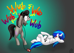 Size: 2450x1750 | Tagged: safe, artist:bluefeathercat, dj pon-3, octavia melody, vinyl scratch, earth pony, pony, unicorn, g4, duo, female, laughing, mare, wub