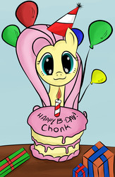 Size: 2480x3800 | Tagged: safe, artist:k1ngsaros, fluttershy, pony, g4, birthday, cake, female, high res, present, solo