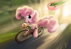 Size: 1200x840 | Tagged: safe, artist:rom-art, gummy, pinkie pie, g4, balloon, bicycle, cute, fast, fun, looking at you, smiling, summer