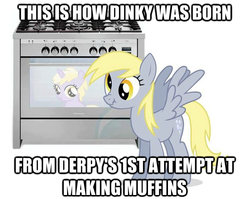 Size: 625x497 | Tagged: safe, derpy hooves, dinky hooves, pegasus, pony, g4, caption, equestria's best mother, female, headcanon, mare, oven, scrunchy face, smiling, spread wings, wat