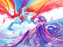 Size: 1280x960 | Tagged: safe, artist:blix-it, rainbow dash, twilight sparkle, g4, curved horn, female, flower, flower in hair, hair physics, horn, lesbian, long mane, mane physics, ship:twidash, shipping, traditional art, wallpaper, water, watercolor painting, waterlily