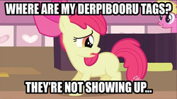 Size: 1277x717 | Tagged: safe, apple bloom, derpibooru, g4, blank flank, caption, meta