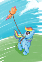 Size: 673x1000 | Tagged: safe, artist:muffinshire, rainbow dash, scootaloo, pegasus, pony, g4, female, filly, kite, kite flying, mare, open mouth, scootaloo can fly, scootaloo can't fly, scootalove