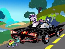 Size: 1000x750 | Tagged: safe, artist:pixelkitties, derpy hooves, twilight sparkle, pegasus, pony, turtle, g4, 60s batman, batman, batmobile, cardboard cutout, cardboard twilight, female, lincoln futura, mare, toy turtle