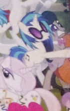 Size: 140x220 | Tagged: safe, dj pon-3, fleur-de-lis, octavia melody, vinyl scratch, g4, glomp, non-consensual cuddling, now kiss