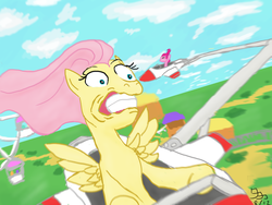 Size: 1200x900 | Tagged: safe, artist:wafflecannon, fluttershy, pinkie pie, g4, action pose, amusement park, flying, riding, roller coaster, theme park