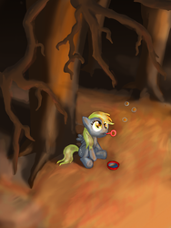Size: 600x800 | Tagged: safe, artist:sgolem, derpy hooves, fanfic:bubbles, g4, alone, bubble, fanfic, filly, forest, solo