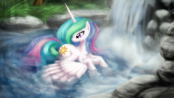 Size: 1920x1080 | Tagged: safe, artist:zedrin, princess celestia, pony, g4, bathing, belly wings, colored, crepuscular rays, digital painting, female, outdoors, prone, river, solo, spread wings, swimming pool, water, waterfall, wet mane