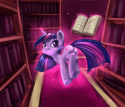 Size: 1402x1200 | Tagged: safe, artist:atryl, twilight sparkle, pony, g4, book, butt, female, floating, library, magic, plot, solo