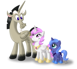 Size: 1024x908 | Tagged: safe, artist:aleximusprime, discord, princess celestia, princess luna, pony, g4, accord (alicorn), age of the alicorns, female, filly, filly celestia, filly luna, pink-mane celestia, simple background, transparent background, trio, woona, younger