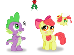 Size: 900x664 | Tagged: safe, artist:aleximusprime, apple bloom, spike, dragon, earth pony, pony, g4, adorabloom, alternate cutie mark, apple bloom's bow, apple bloom's cutie mark, blank flank, blushing, bow, cute, cutie mark, duo, female, filly, hair bow, hearts warming day, holly, holly mistaken for mistletoe, idea, interspecies, male, missletoe, nervous, ship:spikebloom, shipping, simple background, straight, thinking, transparent background, vector