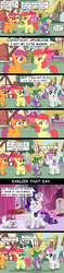 Size: 1024x4343 | Tagged: safe, artist:aleximusprime, apple bloom, opalescence, rarity, scootaloo, spike, sweetie belle, cat, dragon, earth pony, pegasus, pony, unicorn, g4, :o, bloodshot eyes, bow, comic, comic sans, concerned, crossed arms, cutie mark crusaders, drool, excited, eyelid pull, fangs, female, filly, frown, grin, gritted teeth, hair bow, hissing, house, jewelry, lidded eyes, looking at each other, looking back, makeup, male, necklace, nervous, nervous smile, open mouth, pointing, ponyville, raised hoof, scratches, scratching, sitting, smiling, sweetie fail, tree, wide eyes
