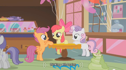 Size: 640x355 | Tagged: safe, screencap, apple bloom, scootaloo, sweetie belle, tornado bolt, call of the cutie, g4, funny, redundant, youtube caption
