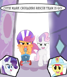 Size: 890x1024 | Tagged: safe, artist:kinrah, apple bloom, rarity, scootaloo, sweetie belle, g4, hat, scooter