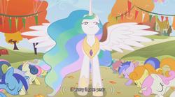 Size: 640x355 | Tagged: safe, screencap, bon bon, carrot top, dizzy twister, golden harvest, minuette, orange swirl, parasol, princess celestia, sea swirl, seafoam, spring melody, sprinkle medley, sweetie drops, twinkleshine, alicorn, earth pony, pegasus, pony, unicorn, fall weather friends, g4, autumn, balloon, bowing, female, tree, youtube caption