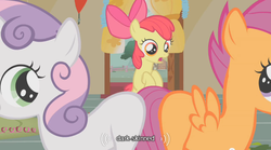 Size: 640x355 | Tagged: safe, edit, edited screencap, screencap, apple bloom, scootaloo, sweetie belle, earth pony, pegasus, pony, g4, caption, cutie mark crusaders, female, filly, youtube caption