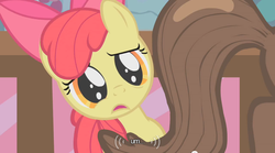 Size: 640x355 | Tagged: safe, screencap, apple bloom, earth pony, pony, call of the cutie, g4, female, filly, foal, solo, youtube caption