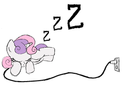 Size: 900x629 | Tagged: safe, artist:ogihb, sweetie belle, pony, robot, unicorn, g4, charging, eyes closed, female, filly, foal, hooves, horn, lying down, simple background, sleeping, solo, sweetie bot, us plug, white background, zzz