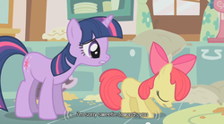 Size: 640x355 | Tagged: safe, screencap, apple bloom, twilight sparkle, g4, youtube caption