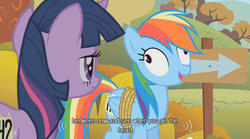 Size: 640x355 | Tagged: safe, screencap, rainbow dash, twilight sparkle, g4, 42, rainbow derp, youtube caption