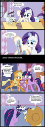 Size: 765x2145 | Tagged: safe, artist:frank1605, artist:musapan, applejack, opalescence, rarity, twilight sparkle, earth pony, pony, unicorn, g4, book, comic, female, lidded eyes, magic, mare, nervous, open mouth, scared, spanish, speech bubble, telekinesis, translated in the comments, translation