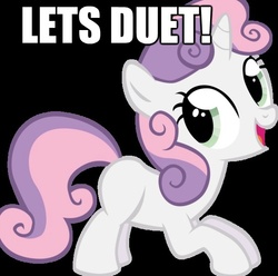 Size: 611x605 | Tagged: safe, sweetie belle, pony, g4, caption, cute, female, image macro, looking back, open mouth, pun, smiling, solo