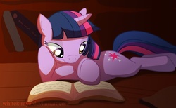 Size: 835x513 | Tagged: safe, artist:whitekimya, twilight sparkle, pony, unicorn, g4, book, female, lying down, mare, reading, smiling, solo, unicorn twilight