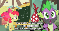 Size: 1287x672 | Tagged: safe, edit, edited screencap, screencap, apple bloom, spike, dragon, earth pony, pony, dragon quest, g4, my little pony: friendship is magic, the cutie pox, beard, bindle, caption, chalk, chalkboard, cutie pox, equation, facial hair, fake beard, fake cutie mark, female, filly, loop-de-hoop, male, math, meta, mouth hold, multiple cutie marks, plate spinning