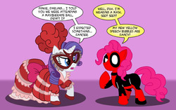 Size: 1148x720 | Tagged: safe, artist:feadraug, masquerade, pinkie pie, rarity, g4, clothes, cosplay, costume, deadpool, dress, marvel, mask, masquerade mask, pinkiepool