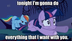 Size: 960x540 | Tagged: safe, edit, edited screencap, screencap, rainbow dash, twilight sparkle, pegasus, pony, unicorn, g4, bedroom eyes, caption, enrique iglesias, female, image macro, lesbian, mare, out of context, ship:twidash, song reference, tonight