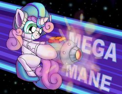 Size: 3600x2800 | Tagged: safe, artist:cazra, sweetie belle, pony, robot, unicorn, g4, female, filly, foal, high res, hooves, horn, mega man (series), megamare, smiling, solo, sweetie bot, teeth, text