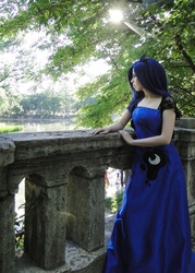 Size: 626x876 | Tagged: safe, artist:hoshakujirenge, princess luna, human, g4, balcony, clothes, cosplay, dress, irl, irl human, photo, solo