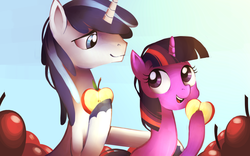 Size: 1984x1240 | Tagged: safe, artist:karzahnii, shining armor, twilight sparkle, g4, apple, bbbff, brother and sister