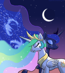 Size: 1600x1800 | Tagged: safe, artist:muffinshire, nightmare moon, princess celestia, princess luna, alicorn, pony, g4, disintegration, duality, duo, eyes closed, female, intertwined manes, jewelry, mare, moon, neck hug, night, outdoors, regalia, royal sisters, screaming, sky, smiling, standing, stars, windswept mane