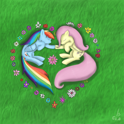 Size: 750x750 | Tagged: safe, artist:13era, fluttershy, rainbow dash, g4, eyes closed, female, flower, lesbian, ship:flutterdash, shipping