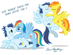 Size: 710x538 | Tagged: safe, artist:brianblackberry, rainbow dash, soarin', spitfire, pegasus, pony, g4, female, kiss on the lips, kissing, male, ship:soarindash, ship:soarinfire, shipping, simple background, soarin' gets all the mares, straight, transparent background