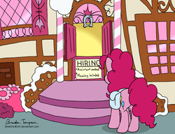 Size: 1280x981 | Tagged: safe, artist:sketchinetch, pinkie pie, g4, hiring, saddle bag, shop, solo, sugarcube corner