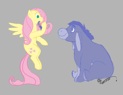 Size: 3320x2568 | Tagged: safe, artist:capt-topknot, fluttershy, pegasus, pony, g4, crossover, duo, eeyore, female, flying, high res, looking at each other, looking at someone, mare, no pupils, open mouth, profile, raised hoof, simple background, sitting, smiling, spread wings, tail, wings, winnie the pooh